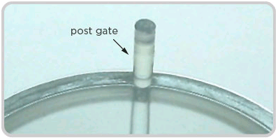 Figure 2 - A post gate allows resin to be injected through an ejector-pin hole. When the part is ejected, a small "post" of the plastic is left of the part where the ejector pin is located.
