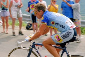 Greg Lemond on carbon fiber bicycle at Alpe D’Huez