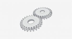 These plastic gears moving together show how a part design can be influenced by the friction and wear that occurs between surfaces interacting with one another, an important element to consider when selecting materials for your molded parts.