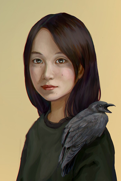 painting of a girl with a blackbird perched on her shoulder - Learn more about LuxMea’s bespoke face mask