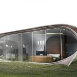 Exterior rendering of the 3D-printed Curve Appeal house, as designed by WATG Urban Architecture Studio. Learn more about Branch Technology's Cellular Fabrication 3D printing technology in the UL Prospector Knowledge Center.
